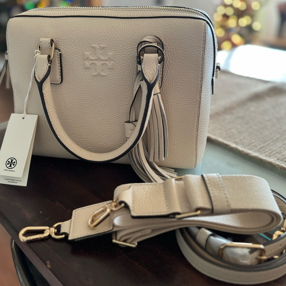 Authentic Tory Burch Thea Web Small Satchel Handbag with two straps